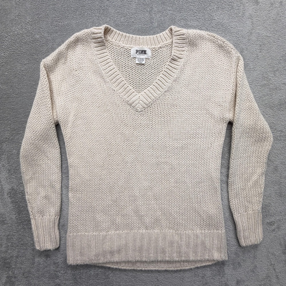 PINK Victoria's Secret Sweater Womens XS White Beige Chunky-Knit V-Neck Pullover